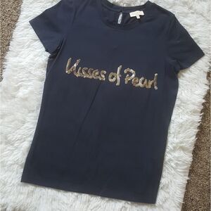 Kisses of Pearls Belgium Blue Sequin Top with Back Bows Sz XS New